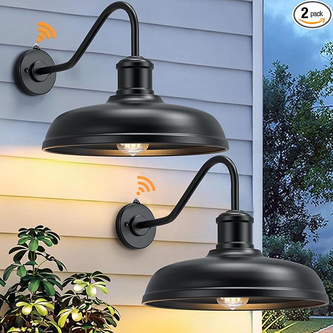 16 Inch Dome Dusk to Dawn Gooseneck Barn Light Outdoor Large Farmhouse Exterior Light Fixture Wall Mount Industrial Outdoor Wall Sconce Outside Lantern for House Porch Garage Entryway Black