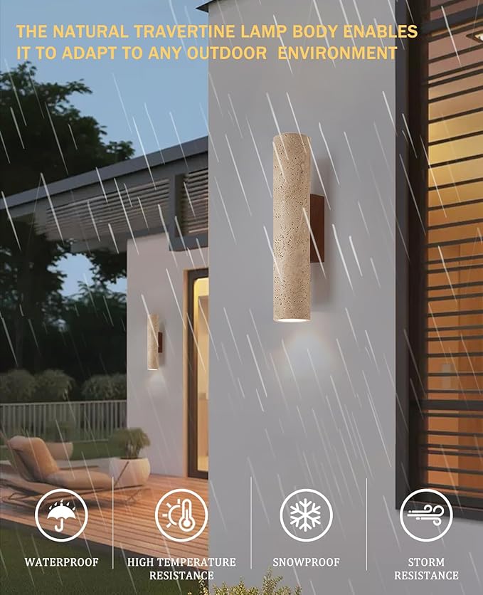 Outdoor Waterproof Wall Sconce 11 H Long Linear Natural Yellow Travertine Wall Lamp with Natural Stone Lampshade Wooden Base MCM Wall Sconce for House Patio Garage Entryway (Water Resistant)