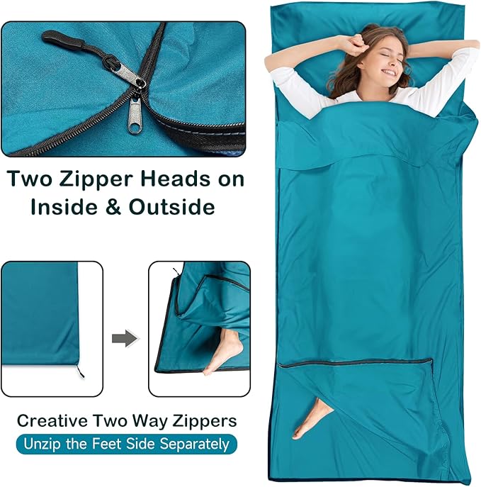Sleeping Bag Liner Ultralight Silky Satin Adult Sleep Sack &amp Self Tan Sleep Sack with Two-Way-Zipper Single Camping Sheet &amp Travel Sheets for Hotel