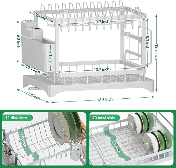 BCWW 2-Tier Dish Racks for Kitchen Counter Multifunctional Dish Drying Rack Large Capacity Metal Kitchen Dishes Drying Rack Plate Organizer for Bowls/Cups/Bottles (White)