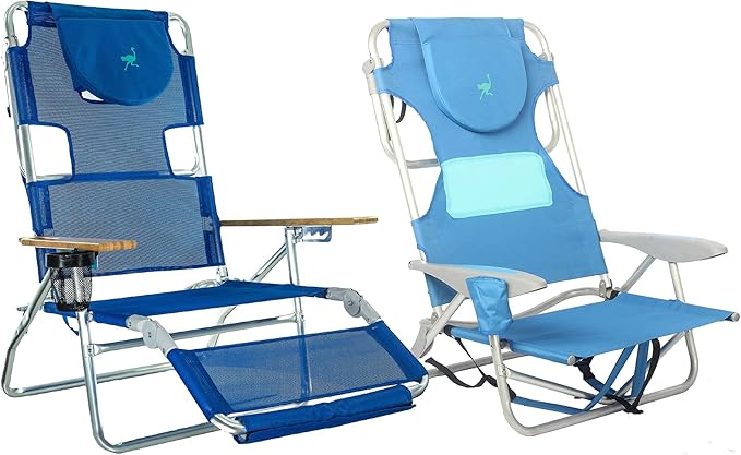 Ostrich 3N1 Lightweight Aluminum Frame 5-Position Reclining Beach Chair and Ladies Comfort On-Your-Back Outdoor Beach Chair with Backpack Strap Blue