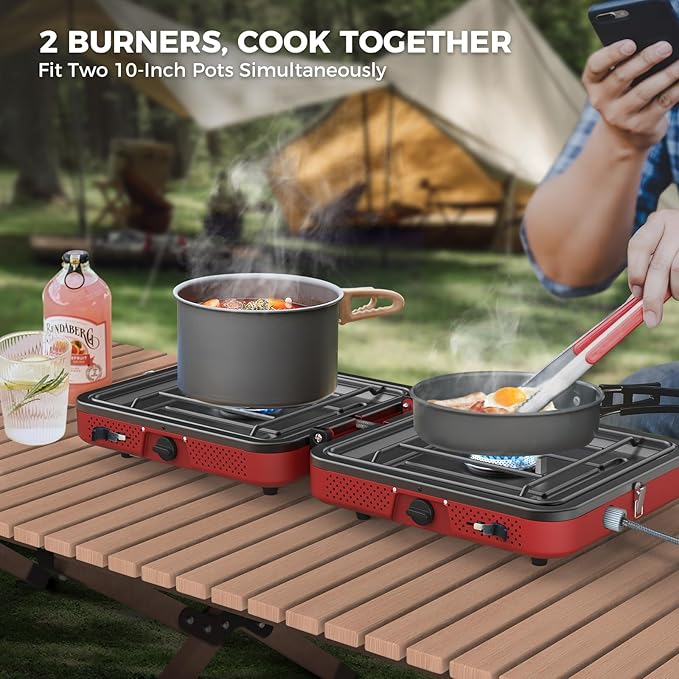 CAMPLUX FoldGo 2 Burner Portable Camping Stove 17200 BTU Foldable Propane Stove for Outdoor Cooking with Carry Bag Portable Gas Stove with 2 Adjustable Burners Red