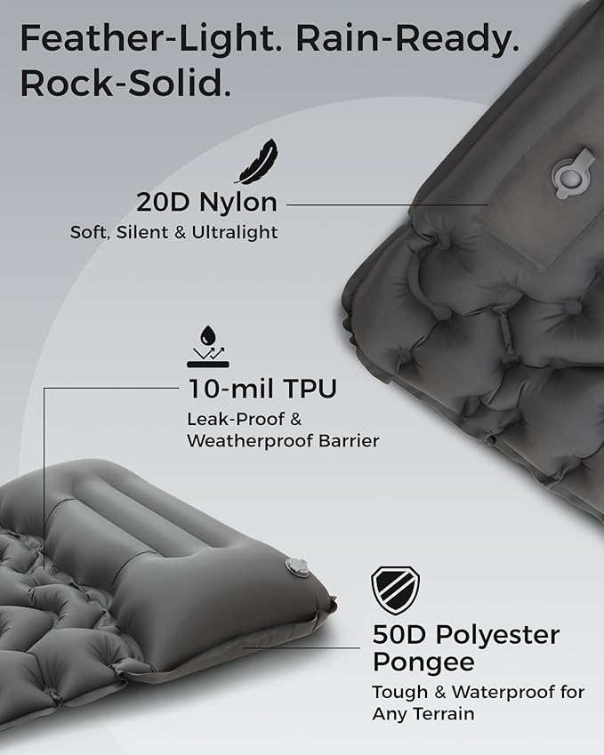 KingCamp Sleeping Pad for Camping Ultralight Connectable Inflatable Sleeping Pad Camping Mattress with 6.3 Built-in Pillow &amp Foot Pump for Backpacking Hiking Tent Cot