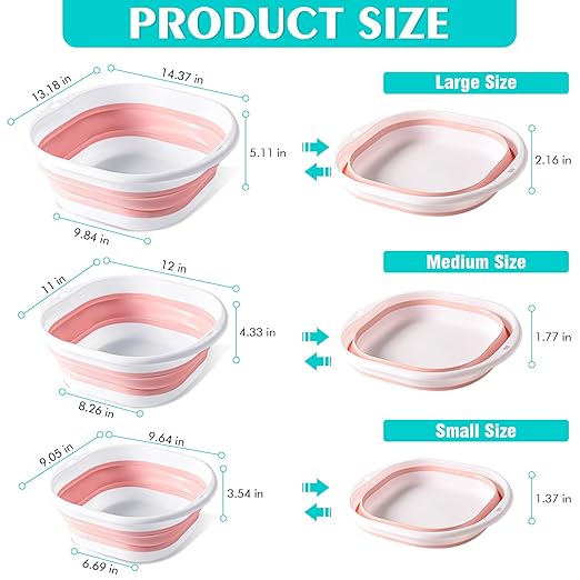Collapsible Basin 3 Set Foldable Wash Basin Plastic Laundry Tub Space Saving Wash Tub for Dish Fruit Camping Laundry Hiking &amp Home (Pink)