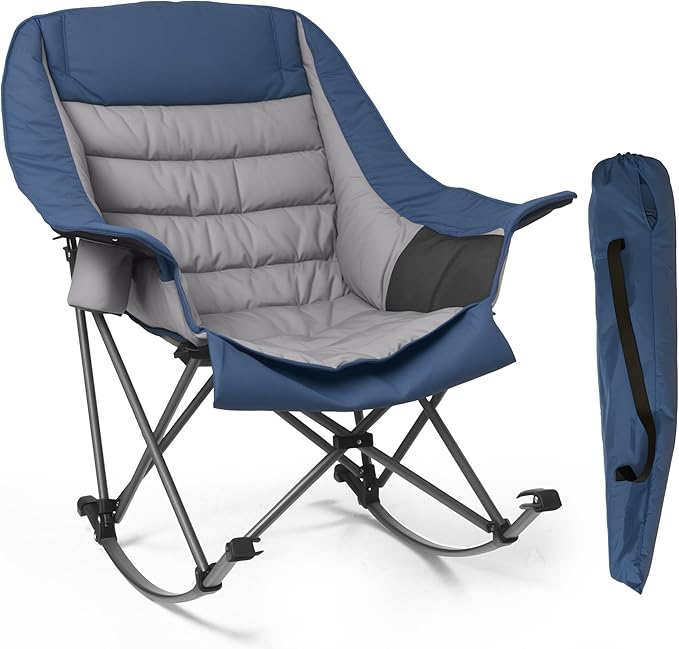 Oversized Rocking Camping Chair for Adults - 400lbs Capacity Padded Camp Chair with Cup Holder Portable Foldable Outdoor Rocker Chair for Camping Backyard (Blue &amp Dark Gray 1 PCS)