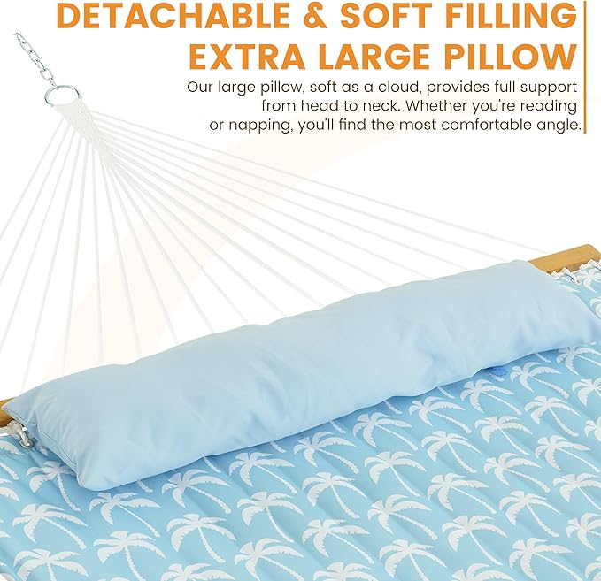 Lazy Daze Hammocks 12FT Quilted Fabric Hammock with Soft Pillow Double 2 Person Tree Hammock with Spreader Bar for Outside Patio Poolside Backyard Beach 450 lbs Capacity Coastal Floral