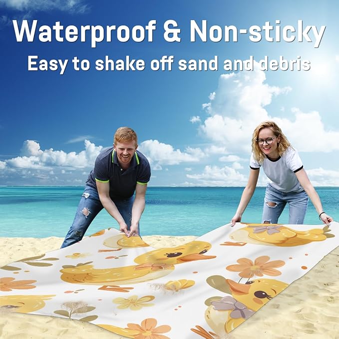 Waterproof Sandproof Beach Blanket 59''×68'' Ducks Polyester Outdoor Picnic Blanket with 4 Stakes &amp Storage Bag for BeachCampingVacation White