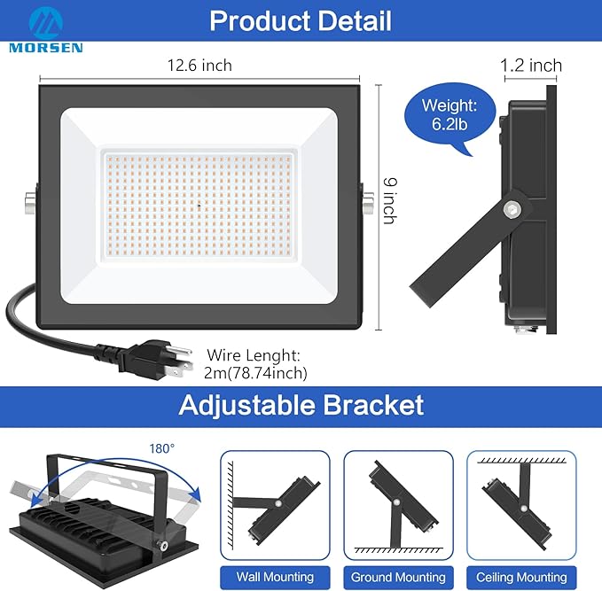 MORSEN 300W Warm White Led Flood Lights Outdoor 3000K Super Bright 45000LM Security Lights with PlugExterior IP66 Waterproof FloodLight for Basketball Court Yard Garden Playground 2 Pack