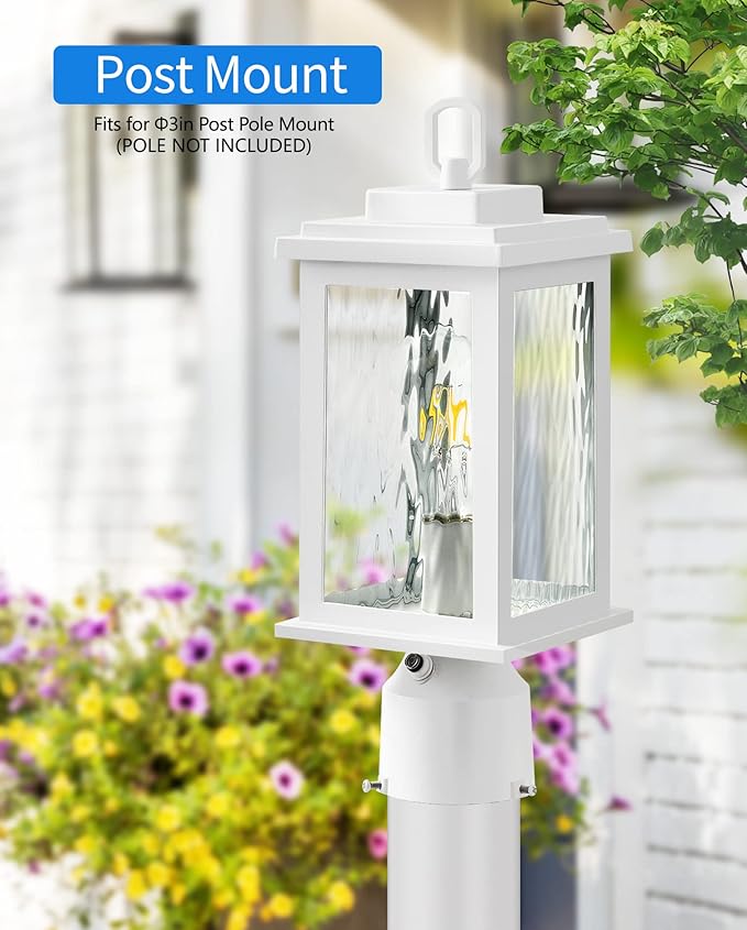 VIANIS White Outdoor Post Light Hardwired 120V Dusk to Dawn Light Posts for Outside with Pier Mount Base 100% Aluminum Lamp Posts Outdoor Lighting for Column Mount Light with Tempered Ripple Glass