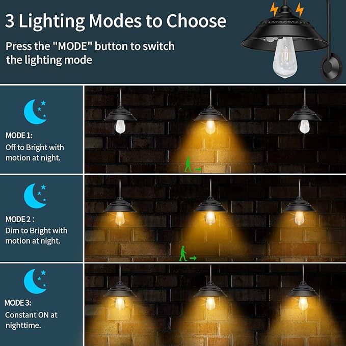 Aqonsie Solar Barn Lights Outdoor Vintage Rustic Solar Chicken Coop Light with 3 Lighting Modes &amp Motion Sensor Waterproof Outdoor Wall Mount Light for Barn Shed Chicken Coop