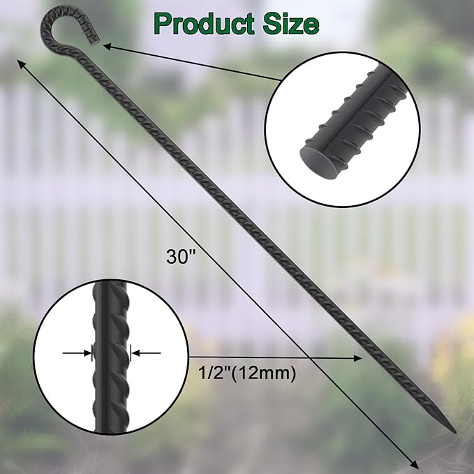 30 Inch Rebar Stakes Heavy Duty 6 Pack Tent Stakes with Loop 1/2 Inch Diameter Tarp Pegs Tree Stakes and Supports Ground Anchors Garden Rope Fence Stakes for Outdoor Camping and Yard Black
