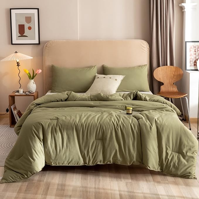 ROSGONIA Queen Comforter Set Olive Green 3pcs Bedding Sets Queen (1 Boho Olive Comforter &amp 2 Pillowcases) All Season Lightweight Blanket Quilt
