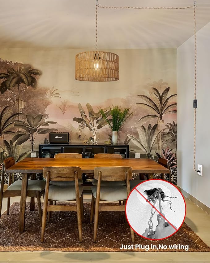 12.6 Inch Boho Hanging Light with Plug in Cord Rattan Hanging Lamp Hand Woven Rattan Wall Lightfor Bedroom Living Room Kitchen Nursery E26 Base IndoorWithout Bulb