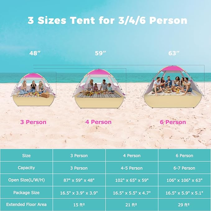 Venustas Beach Tent Sun Shelter for 3/4-5/6-7/8-10 Person UPF 50+ UV Protection Beach Canopy Lightweight and Easy Setup Cabana Portable Shade Tent