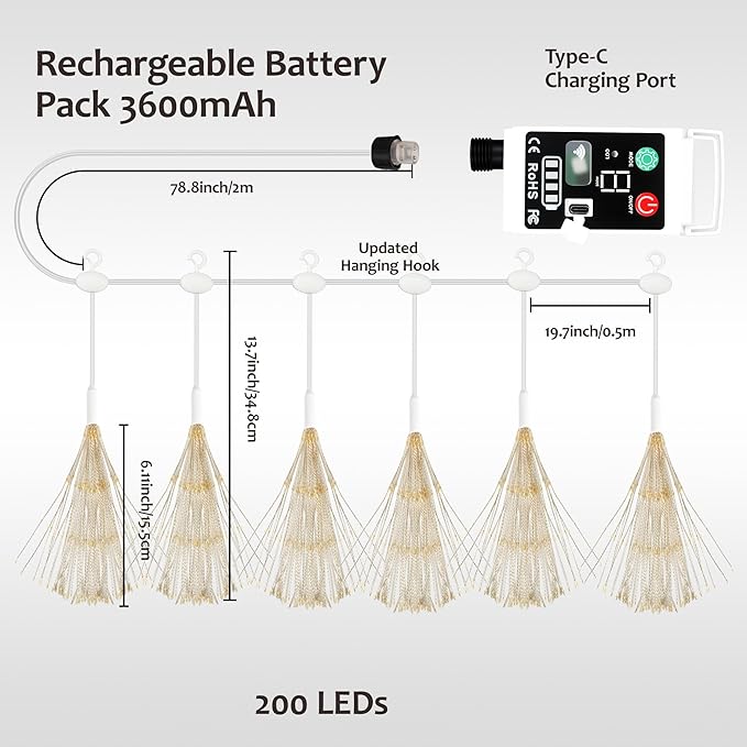 WIND STAR Firework Lights Hanging 1200 LED Rechargeable Starburst Fairy Lights with Remote 8 Modes for Patio Party Birthday Christmas Indoor Bedroom Decoration