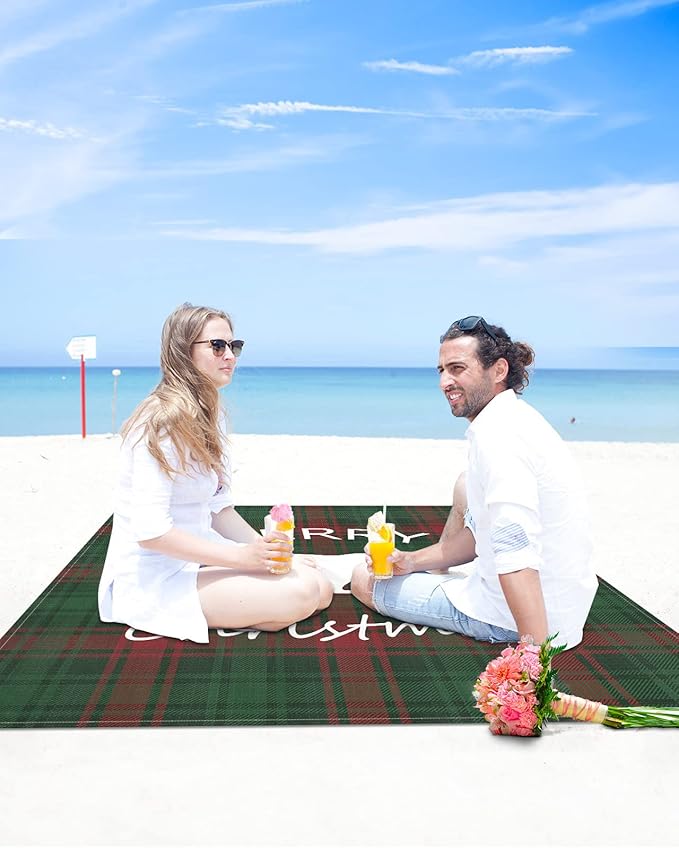Beach Blanket Waterproof Sandproof Christmas Animal Polar Bear Tree White Shadow Quick Drying Beach Mat with 4 Stakes Green Red Buffalo Gingham Lightweight Picnic Blanket for Travel Camping 83x79