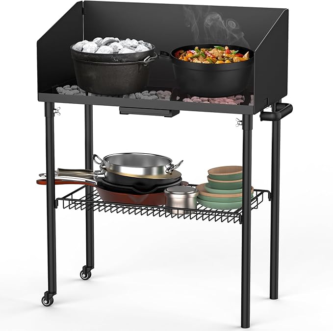 only fire Outdoor Camp Cooking Table for Dutch Ovens and Food Preparation Collapsible Grill Table Camping Kitchen Station with Side Windscreen &amp Storage Basket for Backyard BBQ Picnic RV