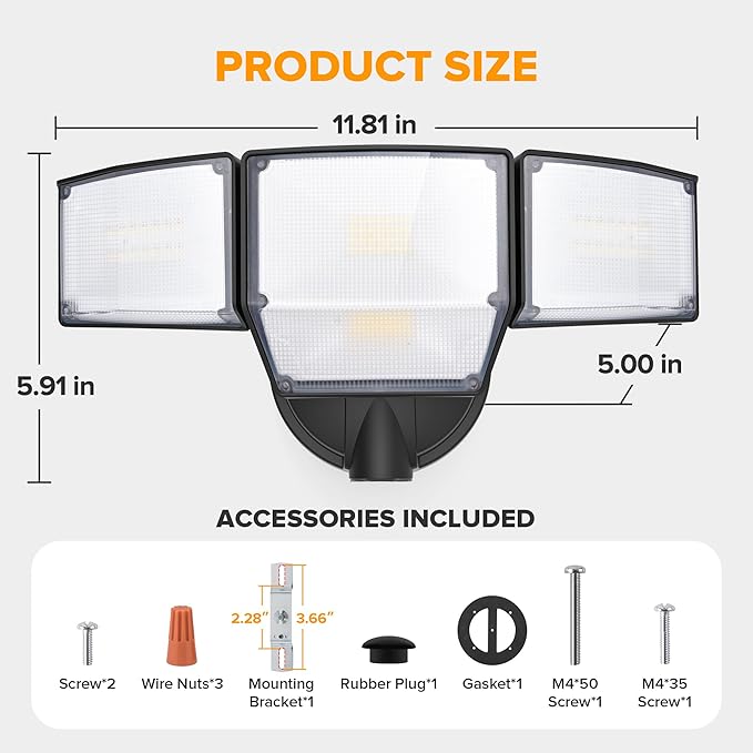 LUTEC 80W Dusk to Dawn Flood Lights Outdoor 9000LM Super Bright LED Security Light with Photocell IP65 Waterproof 5000K Daylight Hardwired 4 Heads Floodlight for Garage Yard (Black)