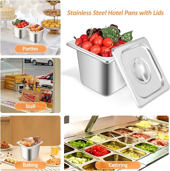 Mwellewm 6 Set Hotel Pan 1/6 Size 6 Inch Deep Stainless Steam Table Pans with Lids Stackable Commercial Anti Jam Metal Steam Tray Catering Food Storage Steel Pan for Restaurant Buffet Party Supplies