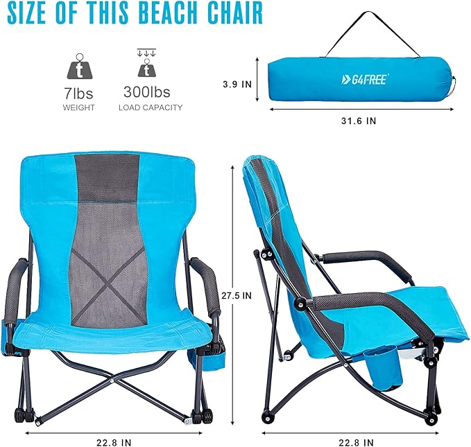 G4Free Low Sling Folding Beach Camping Chairs Compact Concert Lumbar Back Support with Carry Bag Blue