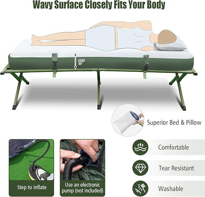 Tangkula 5-in-1 Tent Cot Combo With Awning Air Mattress Sleeping Bag Pillow Elevated Single Tent With Carrying Bag for Outdoor Camping Hiking Picnic Travel