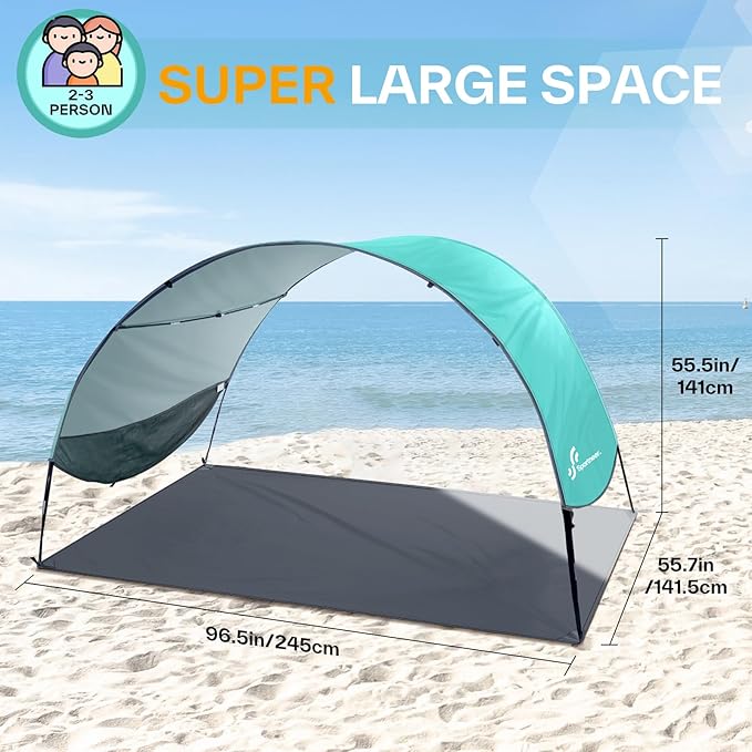 Sportneer Beach Tent Sun Shelter: UPF 50+ UV Protection Beach Canopy Tent Sun Shade for 2-3 Person Easy Set Up Canopy with 8 Wind Ropes and 12 Ground Stakes for Beach Size 96.5''x55.7''