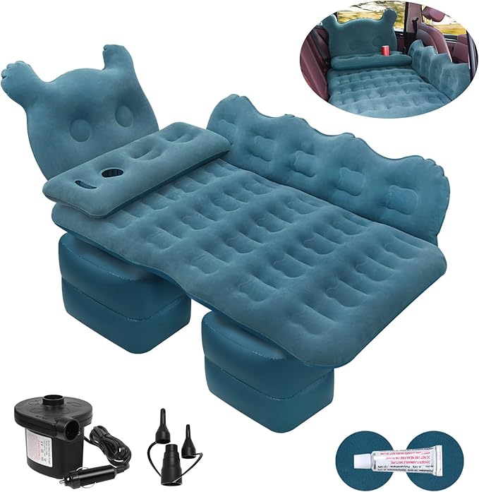 ISWEES Car Bed SUV Air Mattress Car Air Mattress with Electric Pump 2 Inflatable Pillows and 2 Footrests for Back Seat Side SeatTrunk Sleeping Thickened Camping Bed - Black