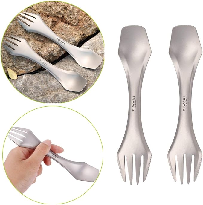2 pcs Titanium spork Eco-friendly Durable Rustproof Titanium flatware Light weight spoon/Knife/Fork 3 in 1 Cutlery/Utensil for outdoor camping travel hiking One pair Lot of 2 each