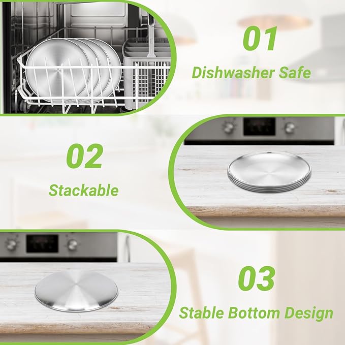 8 Stainless Steel Plates 7.8 inch Small 201 Metal Camping Plate Reusable Food Serving Dish Snack Eating Dishes Round Shatterproof Brushed Finish Silver Dish for Dinner Oven Dishwasher Safe
