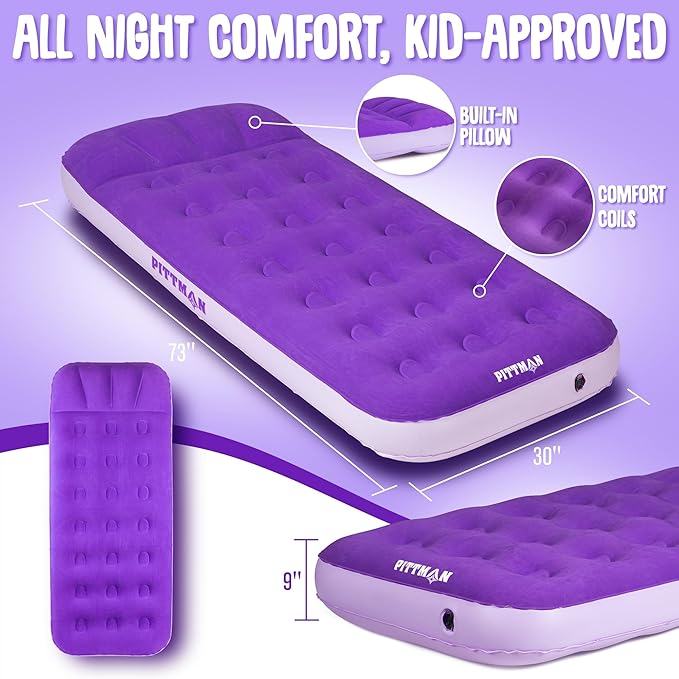 Pittman - Kids Air Mattress - Deluxe Kids Inflatable Bed with Electric Pump &amp Durable Backpack - Perfect Teen to Toddler Blow up Mattress for Sleepovers Camping or Childs Travel Bed