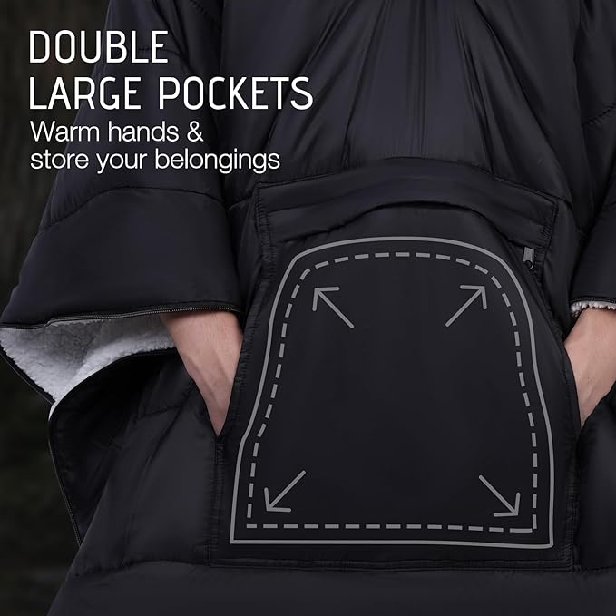 REDCAMP Wearable Camping Poncho Blanket 4-in-1 Waterproof Windproof Thermal Blanket with Kangaroo Pocket &amp Carry Bag Lightweight Portable Insulated Poncho for Outdoor Hiking Stadium（Black）