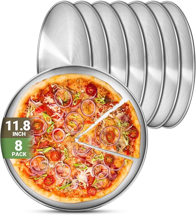 Stainless Steel Plates 8 Pack 11.8 inch 304(18/8) Metal Food Serving Plate Set Reusable Snack Eating Dishes Round Shatterproof Plate Silver BBQ Dinner Lunch Dinnerware Oven Dishwasher Safe