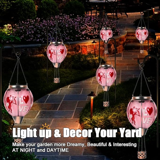 Hot Air Balloon Solar Lantern - Valentine's Day Glass Lantern Simulated Flickering Dancing Flame Outdoor Hanging Sunflower Yard Light Waterproof IP65 for Valentines Gift