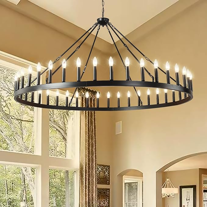 64 Inch Black Extra Large Wagon Wheel Chandelier 42-Lights Farmhouse Industrial Round High Ceiling Pendant Light Adjustable Chain for Dining Room Living Room