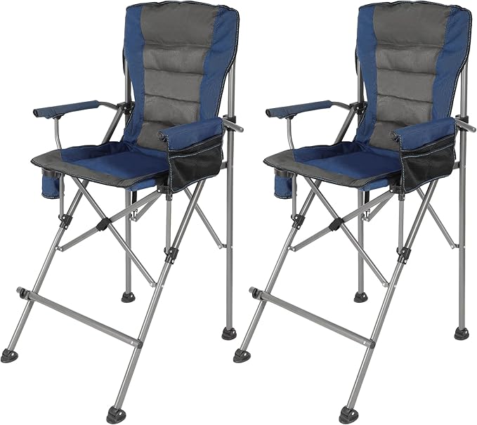 Extra Tall Folding Chairs for Adults 2 Pack Portable Bar Height Foldable Director Chairs for Camping Outside Comfortable with High Back and Footrest Blue