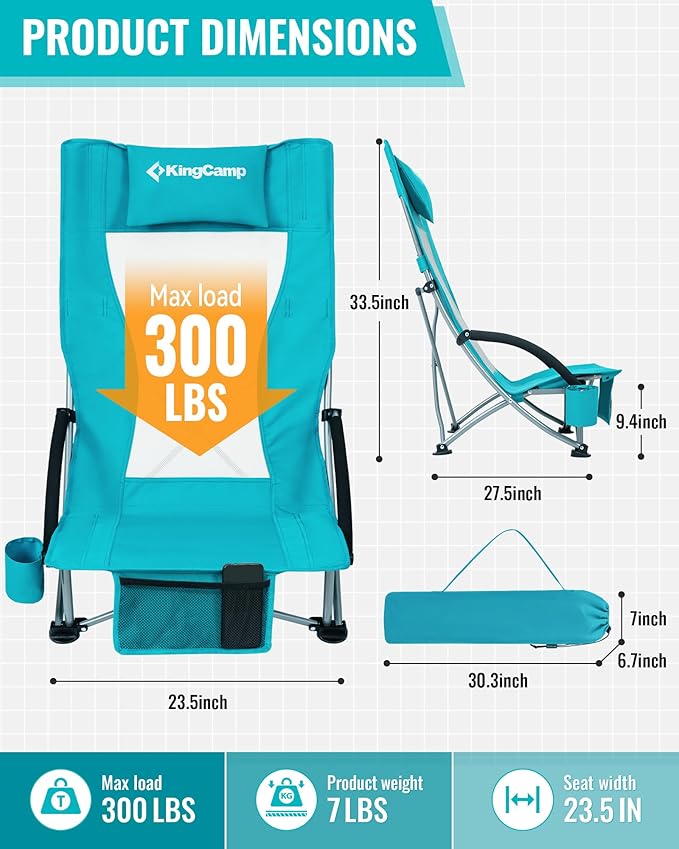 KingCamp Low Beach Chair High Back Folding Camping Chair for Adults Oversized Breathable Mesh Seat 300lbs Heavy Duty Portable Chair with Cup Holder &amp Storage Pockets for Beach Outdoor