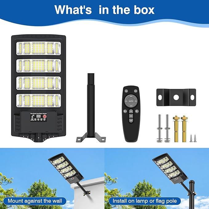 Solar Street Lights Outdoor Waterproof 28000LM 6500K 320° Angle Flood light5730 LED Solar Parking Light with Motion Sensor and Remote Control for Outdoor Streets CourtyardsParking Garages-4Pack