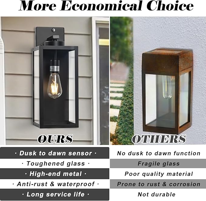 16-inch Dusk to Dawn Outdoor Wall Light Fixture Large Black Exterior Wall Lantern Waterproof Farmhouse Porch Sconce Lighting Modern Wall-Mounted Outside Lights for House Garage Patio Lamp 2 Packs