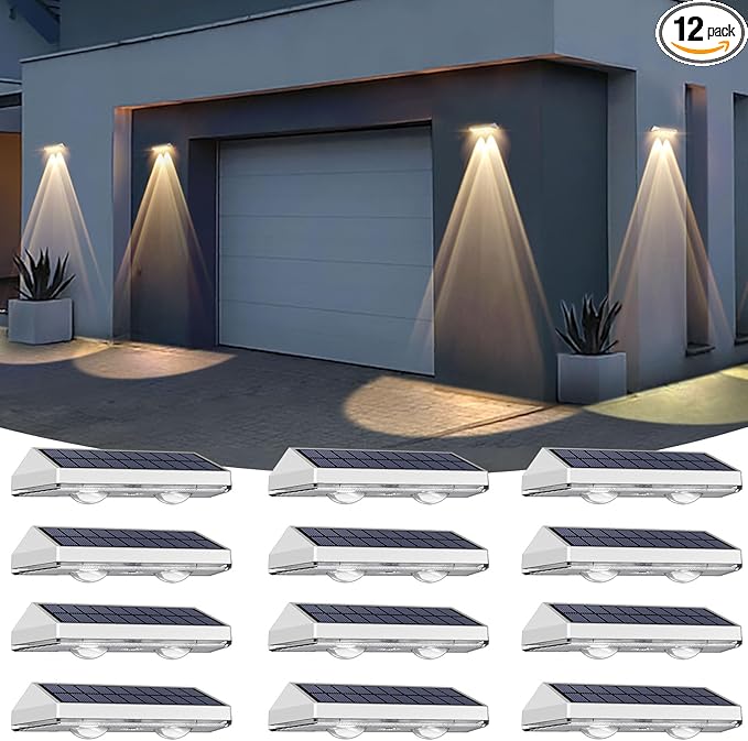 12 Pack Solar Fence Lights Outdoor Waterproof LED - 3000/4000/6000K 3 Mode IP65 Waterproof Fence Lights Solar Powered Solar Wall Lights for Outside Backyard/Step/Patio/Deck Fence/Stair Railings