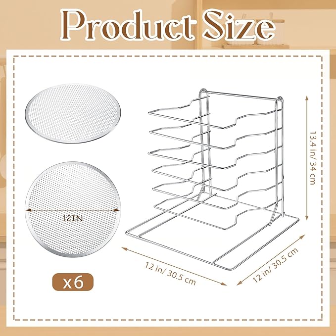 Zhehao Pizza Rack 6 Tiered Stand 13.4'' H x 12'' L x 12'' W and 6 Pcs 12'' Pans with Holes Aluminum Baking Set for Easy Storage and Baking Multiple Pizzas