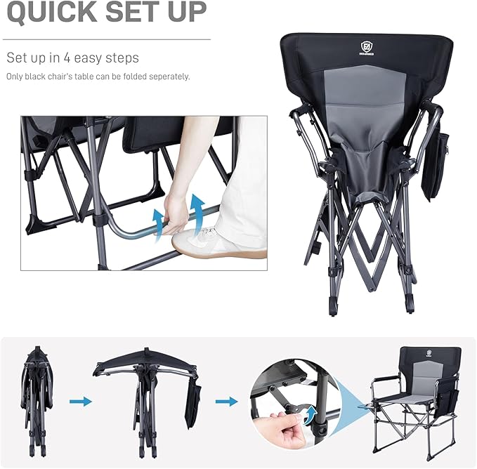 EVER ADVANCED Camping Directors' Chair with Side Table Portable Folding with Compact Size Heavy Duty Lawn Chair with Pocket for Camping Lawn Sports and Fishing 400lbs Black 2 Pack