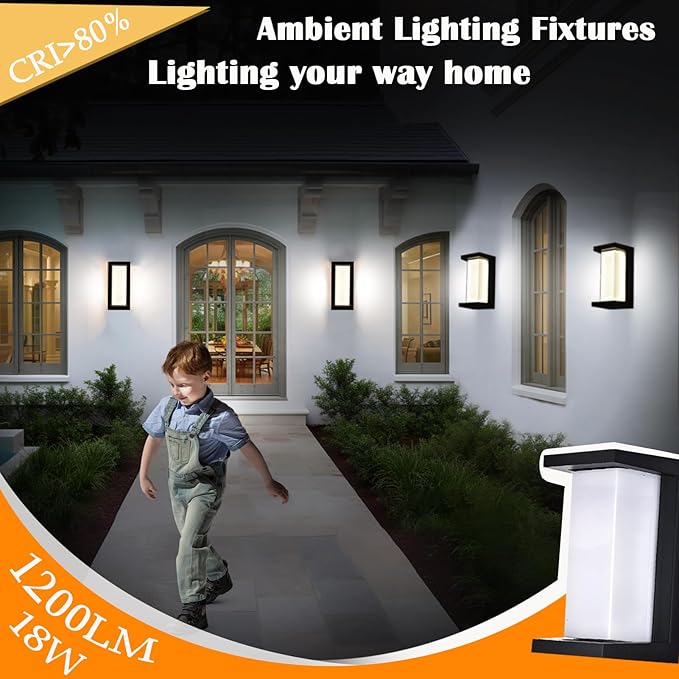 Black Exterior Lighting Fixtures Rectangular Modern Front Porch Light Fixtures 12W Outdoor Wall Light Fixtures Wall Mount IP65 Waterproof Outdoor Wall Sconce 3-Color-Changeable