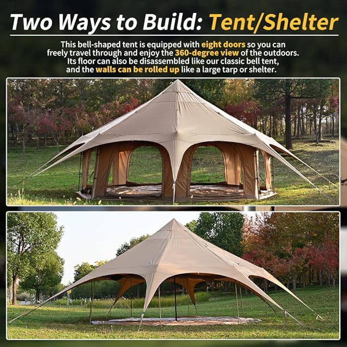 MC TOMOUNT Canvas Tent Bell Tent 16.4ft*9.2ft with Stove Jack for Glamping Family Camping Zipped Removable Floor