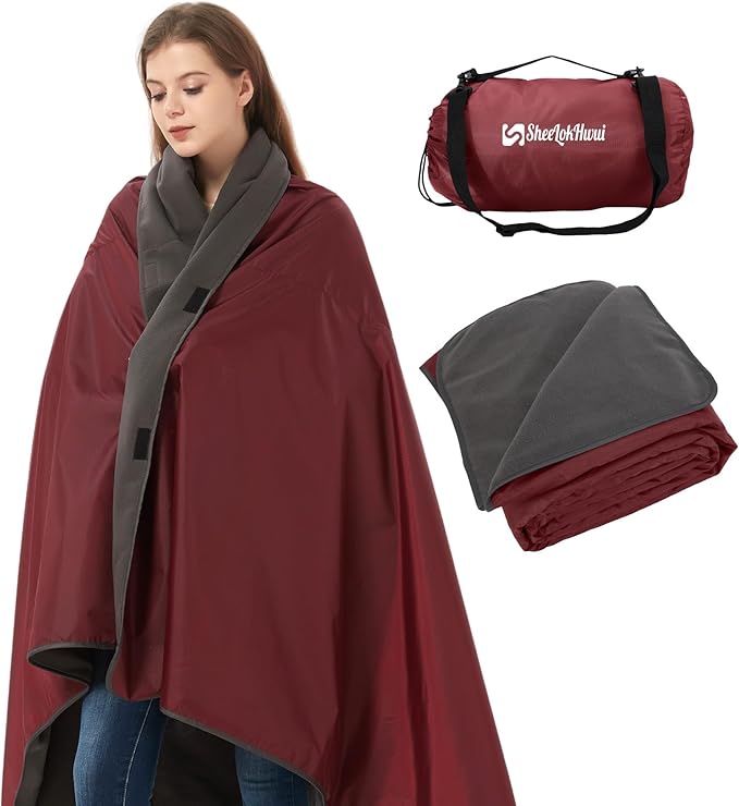 4-in-1 Large Camping Blankets - Waterproof Windproof Fleece Outdoor Blankets for Stadium Sports Car Concert - 81x57 Portable (Antique Ruby)