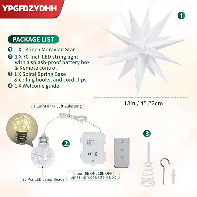 18 Moravian Star Outdoor Light Moravian Star Christmas Decorations Tree Topper Lighted Battery Operated Remote Control Hanging Outdoor/Indoor Tree Star Light for Courtyard Porch-White