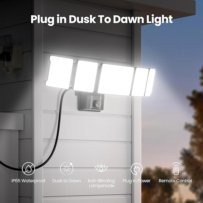 Olafus 120W Plug in Flood Lights Dusk to Dawn LED Outdoor Light with Remote 5 Adjustable Heads IP65 Waterproof LED Security Light with Photocell for Yard Garden Porch Black
