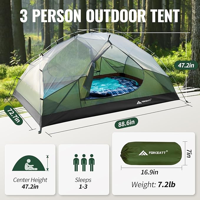 Forceatt Tent for 2 and 3 Person is Waterproof and Windproof Camping Tent for 3 to 4 SeasonsLightweight Aluminum Pole Backpacking Tent Can be Set Up QuicklyGreat for Hiking