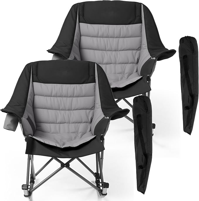 Oversized Rocking Camping Chair for Adults 400LBS Capacity Foldable Outdoor Rocker with Padded Seat Cup Holder Portable Camp Chair for Camping Backyard Patio Beach (Dark Black 2 PCS)