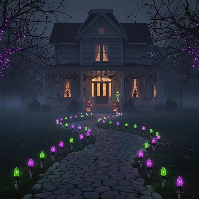 Halloween Stake Lights 10PK C9 LED Pathway Lights with Purple &amp Green Bulbs 19.5ft Outdoor Walkway Lights Waterproof Extendable Yard Driveway Porch &amp Garden Halloween Decorations