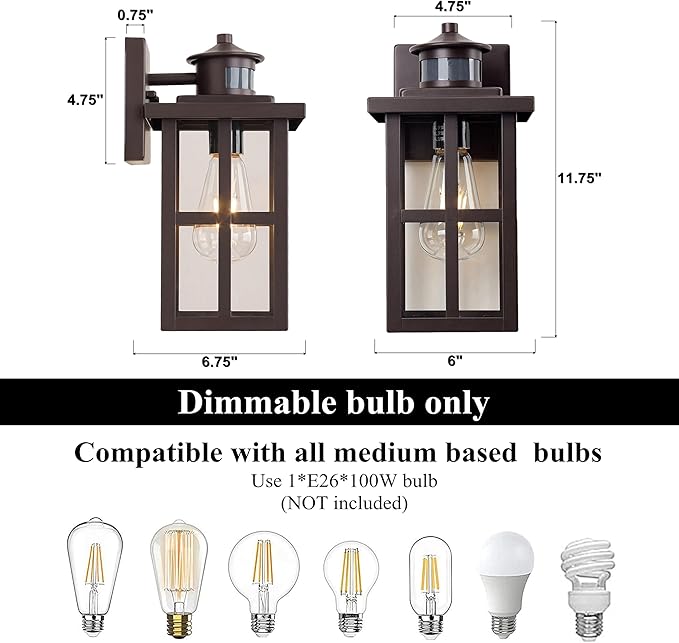 MICSIU 11.75 Bronze Motion Sensor Outdoor Wall Light Dusk to Dawn Exterior Wall Sconce with 3 Modes Clear Glass Anti-Rust Porch Light for House Garage Oil Rubbed Bronze 1-Pack